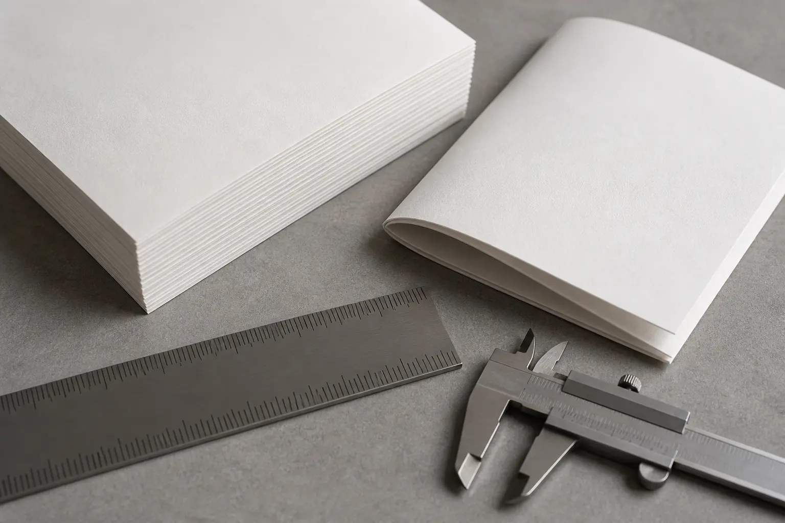 Paper stack, folded signature, ruler, and caliper used for paper specification inspection.